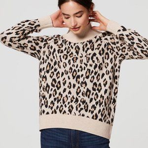 Loft Animal Print Wool Blend Loose Fit Turtleneck Sweater Italian Yarn Sz XS
